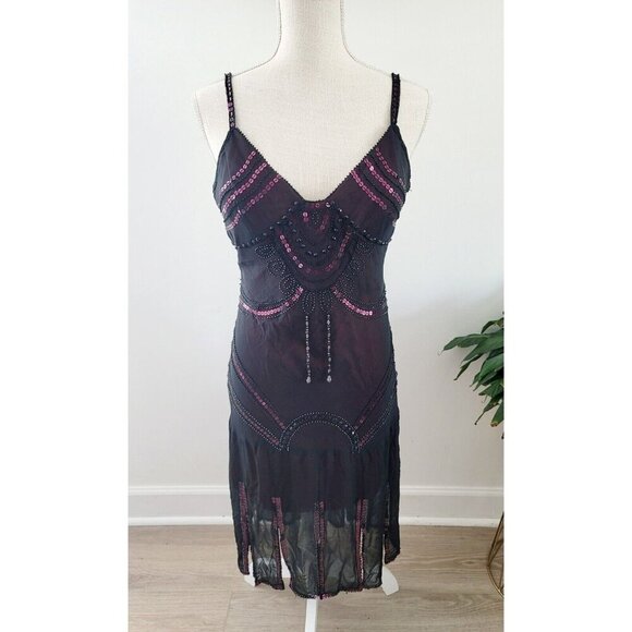 Sue Wong Vintage Black Pink Beaded Sequin Y2K 90s Silk Flapper V-Neck Dress 12 M - Picture 1 of 13